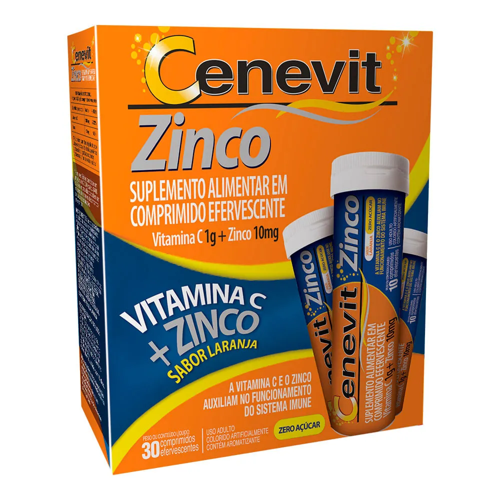 Vitamina C 1g + Zinco 10mg Cenevit Zinco Laranja 30 Comprimidos  Efervescentes