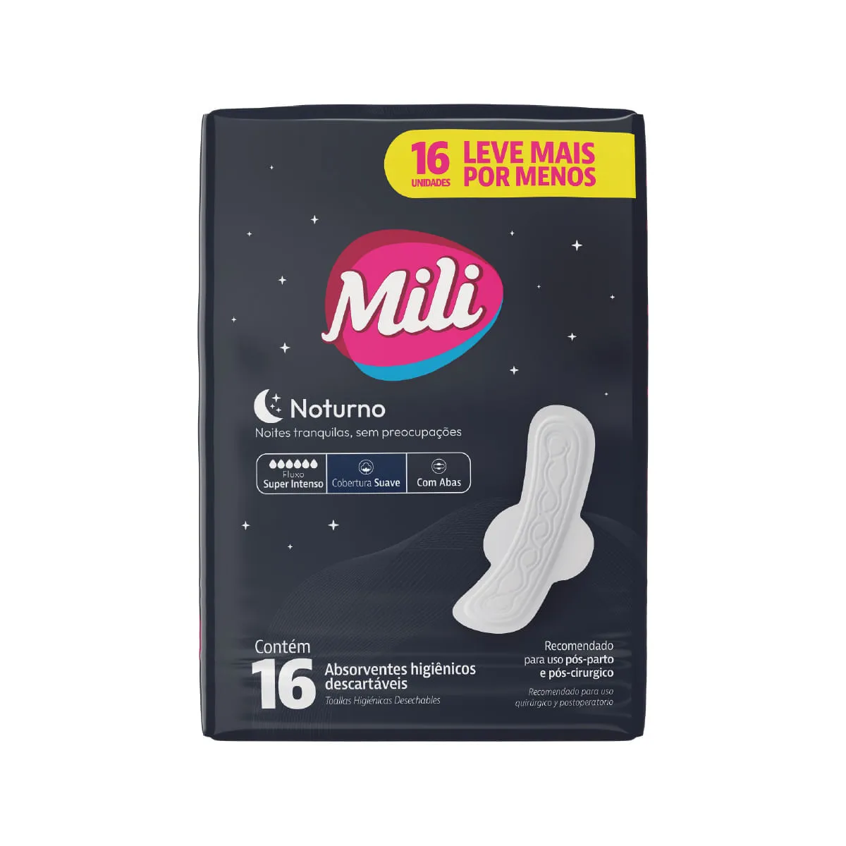 Absorvente Mili Noturno Com 16 Leve+pague- Suave Com Abas Especial