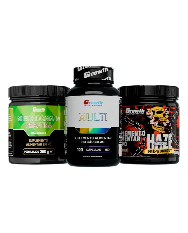 Kit Creatina Monohidratada 250g, Multivitamínico 120 caps e Pré-Treino Haze 300g - Growth Supplements